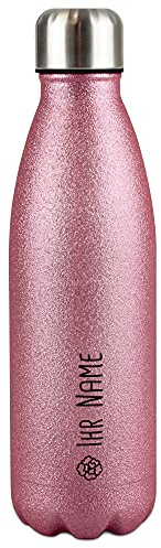 Glitzer-Trinkflasche aus Edelstahl selbst gestalten mit Name & Blüte Symbol - Thermosflasche Glitzer, Wasserflasche BPA-frei für Reise, Schule und Sport I Personalisiertes Geschenk - Pink 500 ml