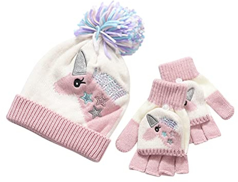 Edinber Kinder Winter Strickmütze Handschuhe Set, Cartoon Dinosaurier Einhorn Strick Warme Beanie Cap mit Pompom, Winter Warme Mütze Winddicht Hüte Geschenke für Jungen Mädchen