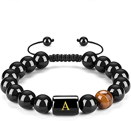 Herr initial armband bokstavskedja handgjord naturlig svart onyx tigeröga pärlor flätat rep meningsfullt armband, Onyx