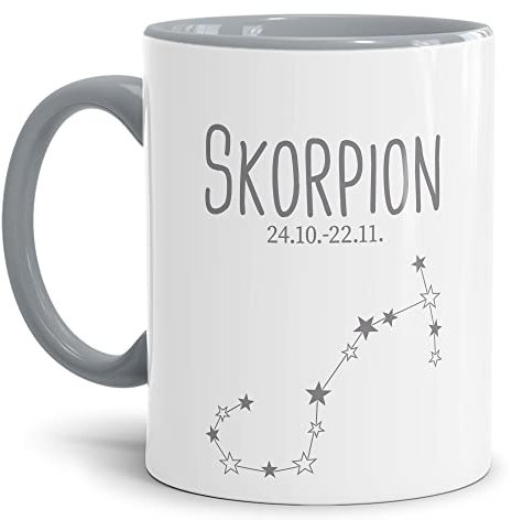 Tasse mit Sternzeichen Skorpion - Sternbild Kaffeetasse mit Spruch - Geschenk zum Geburtstag, Horoskop, Astronomie - Keramik Innen & Henkel Grau, 300 ml | Skorpion