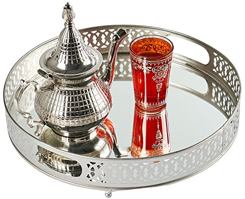 MARRAKESCH rundes Spiegeltablett Nikita 30cm groß Silber | Kerzentablett Tablett rund aus Metall mit hoher Rand | Vintage Serviertablett Küche | Orientalische Silberne Deko auf dem gedeckten Tisch