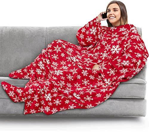 Pavilia Fleecedecke mit Ärmeln, Fußtaschen für Damen, Herren, tragbare Plüschdecke, Überwurf, warme Kuscheldecke, Bademantel, gemütliche Geschenkideen, Ehefrau, Mutter, Schneeflockenrot