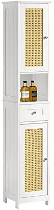 SoBuy Meuble Colonne de Salle de Bain sur Pied, Armoire Haute, Placard de Rangement, avec 1 Compartiments Ouverts, 1 tiroir et 2 Portes en Ploy rotin, 32x30x170 cm, BZR70-W