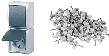REV 0510241555 AquaForm, Steckdose - A/W Schalterkombi, IP44, einpolig, Aufputz, senkrecht, grau & 0518087555 Expressschellen, 200 St. Nagelschellen -Kabelschellen, 7-11mm, grau