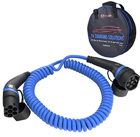 TEUTSCHTECH Typ 2 Ladekabel Spiral für Elektroauto | 10 m | Typ 2 auf Typ 2 | 7.4kW | 1x32A | 1-phasig | Modus 3 | Temperaturüberwacht | Sicher Laden | Nutzbare Länge ca. 6 m | Blau