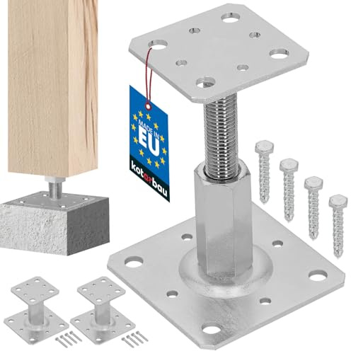 KOTARBAU® Pfostenträger höhenverstellbar 110x110 mm / 80x80 mm, 2er Set | Balkenschuh zum Aufschrauben, Gewinde M20x90 mm, Stützenfuß für Zaunpfosten & Holzbalken, verzinkter Stahl, Silber