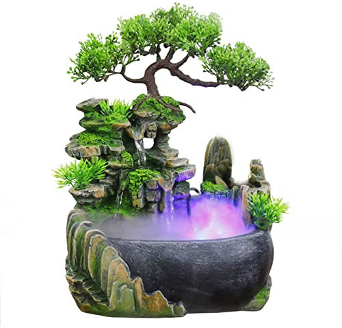 Tuzsocr Zimmerbrunnen, Gartenbrunnen, Steingarten, mit LED-Licht, Luftbefeuchter, Zerstäuber, Dekoration im Wasserfall, für Haus, Schlafzimmer, Büro