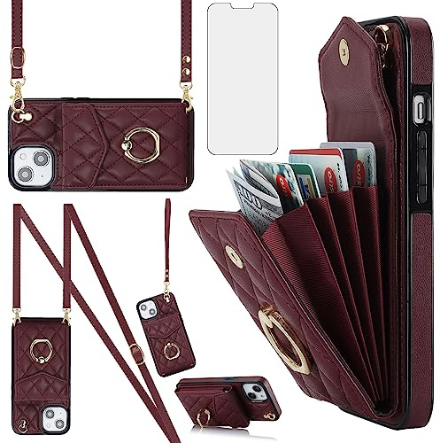 Asuwish Phone Case for iPhone 14 6.1 inch Wallet Cover with Tempered Glass Screen Protector and Wrist Strap Ring RFID Blocking Card Holder Cell iPhone14 5G i i-Phone i14 iPhone14case Women Wine Red