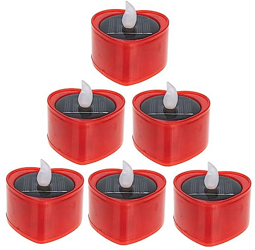 ABOOFAN 6pcs Solar Flameless Tealight Candles Waterproof for Outdoor Use Heart Shaped Red Warm White Flickering Yellow Light