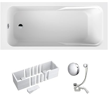 VBChome Badewanne 170 x 75 cm Weiß Acryl SET Wannenträger Siphon Wanne Rechteck Design Modern Styroporträger Ablaufgarnitur in Chrom 170x75 cm