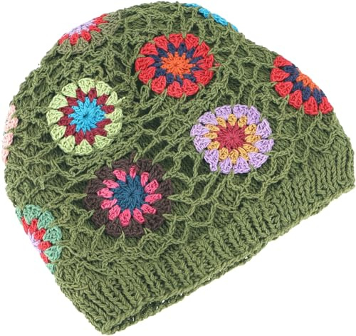GURU SHOP Bunte Beanie, Baumwoll-Häkelmütze Granny Squere - Grün, Herren/Damen