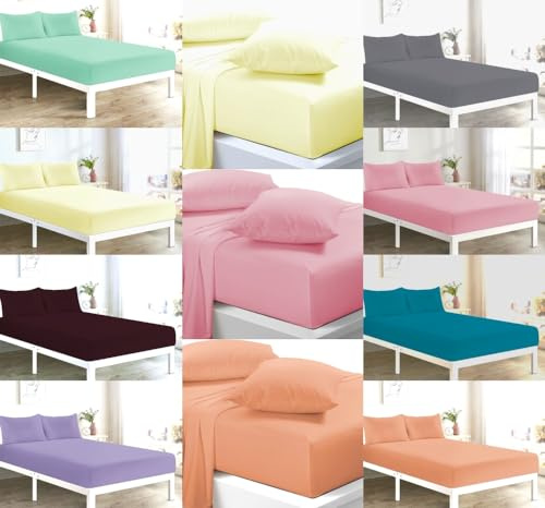 KARKARM Non Iron 4 Piece Bed Sheets Set – Flat Sheet + Fitted Sheet + 2 Pillowcases – Double Sheet Set – Soft and Comfortable Poly Cotton Percale – Plain Bedsheet Sets (Latte)