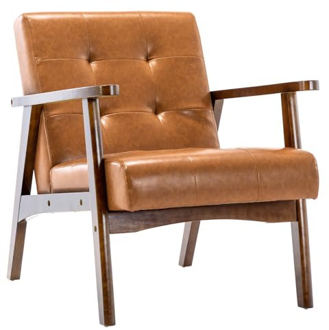 Matomn Sessel Wohnzimmer Retro Sessel Polsterstuhl Loungesessel mit Armlehnen Retro Holzsessel mittelalterlicher Holzrahmen Design Stuhl aus PU Leder für Schlafzimmer Empfangsraum Café Karamell