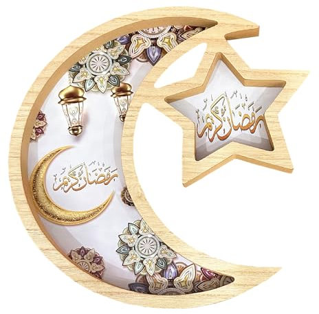 DD-life Stern und Mond Tablett Ramadan Serviertablett Ramadan Tablett Eid Tablett Lebensmittel Tablett Dekoratives Tablett Obst Aufbewahrungstablett Brotteller geteilt Holz Essen Server