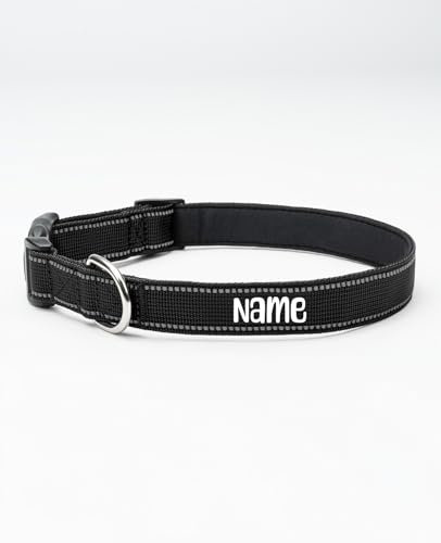 lionto Hundehalsband personalisiert aus strapazierfähigem Nylon, Größe L, reflektierendes Halsband für Hunde mit Name oder Telefonnummer, Metallring & stufenloser Schieber, schwarz (Wunschaufdruck)
