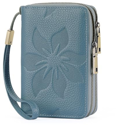 GOIACII Women's Wallet Double Zip Around Credit Card Holder Ladies Wallet Rfid Blocking Wristlet Purse Medium Size Leather Blue