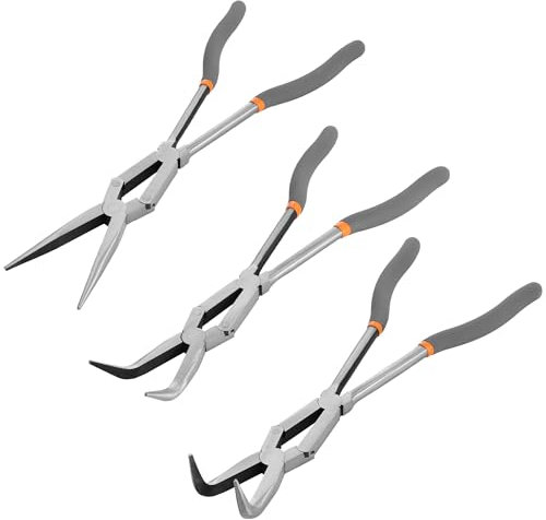 Navaris Long Needle Nose Pliers - Set of 3 - Straight, Bent 45 & Bent 90 Deg Tips - Enhanced Long Reach Wire Cutters - Double Jointed Side Hose Clamp Cutter with Anti-Slip Grip