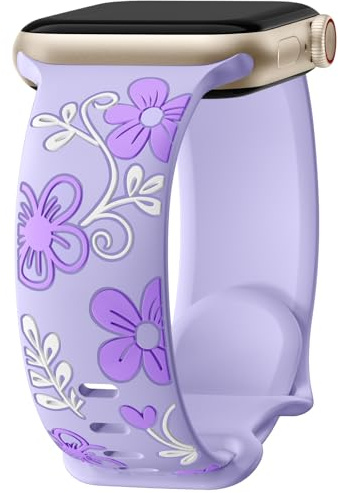 Mastten Trefärgad blomma graverad rem kompatibel med Apple Watch-remmar 38-49 mm, mjukt silikon elegant sportband för iWatch SE serie 1-10