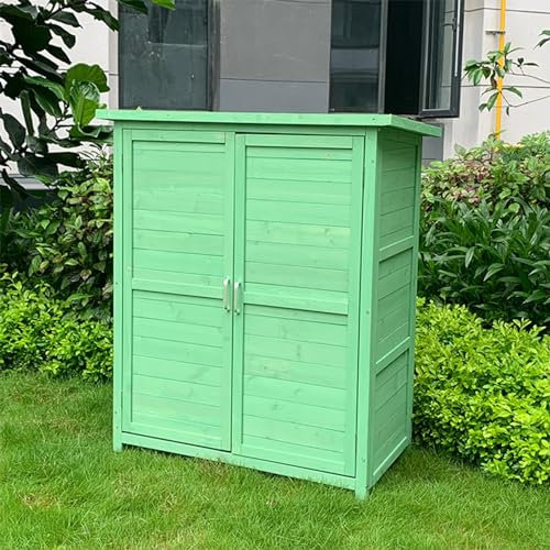 yudPinn Garden Storage Cabinet, Wooden Garden Shed with Waterproof Roof, Outdoor Tool Shed with Galvanized Top and Two Shelves for Yard Tools Or Pool Accessories (One Color Green)