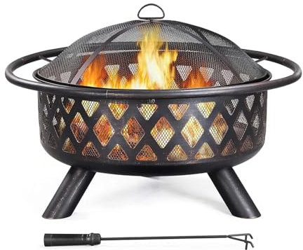 Braciere da giardino, Braciere a legna da esterno da 36 pollici, Grande braciere in legno per barbecue esterno, falò, patio con parascintille in rete e attizzatoio, riscaldatore da esterno rotondo