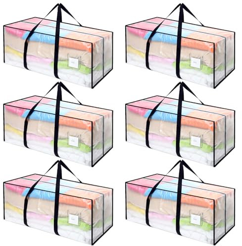 Dntorx Lot de 6 sacs de rangement de 120 l - Sacs de déménagement robustes - Sacs de déménagement transparents - Grands cartons avec fermeture éclair - Commodes sous le lit pour déménagement