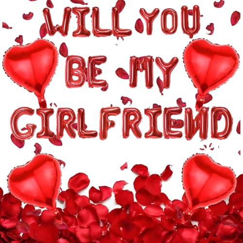 Will You Be My Girlfriend, 21 Rote Buchstaben und 4 Herzförmige Luftballons, 40,6 cm Ballon-Buchstaben mit 500 künstlichen Rosenblättern für Valentinstag Geständnis Jubiläen Hochzeit Geburtstag Dekor
