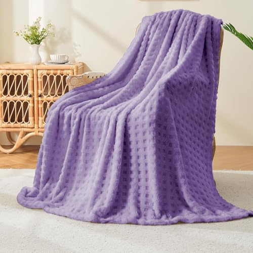 Wajade Fleece Throw Blanket, Fluffy Faux Fur Blanket for Bed Sofa Couch, Soft Warm Thick Blanket,waffle Lavender Purple-127X178