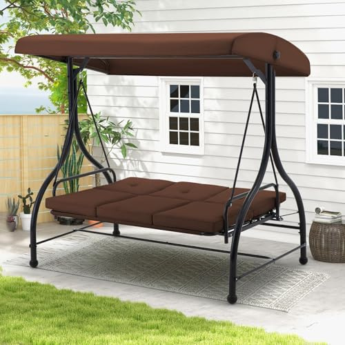 UNIONLINE 3 Seater Garden Swing Seat Bed, Convertible Outdoor Hammock Bench Chair with Adjustable Canopy & Cushion, Steel Frame Porch Swing Chair Lounger for For Garden/Balcony/Terrace/Patio(Brown)