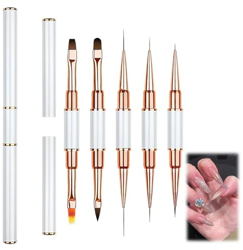 5 Pinceau Ongle Gel, Pinceaux Nail Art Ongles, Double Extrémité Pinceau Gel UV Construction, Ongle Gel Brosse Ongles Pinceau Liner Ongle Pinceau Ongle Gel Nail Art Dotting Pen pour Nail Art DIY