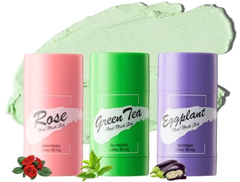 Green Mask Stick Fettkontrolle 3 Stück, 3 Farben Clay Mask für Tiefenreinigung, Gesichtsmaske zur Porenreinigung, Mitesserentferner Gesichtsmasken Set mit Rosen Grüner Tee Aubergine, für Fettige Haut