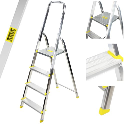 Bayersystem BS-DA4 120 Trittleiter mit 4 Stufen, Aluleiter, bis 120 kg belastbar, max. Arbeitshöhe 2,78 m, Klapptrittleiter mit Handlauf, Anti-Rutsch-Füße, Klapptritt für Haushalt, Silber/Gelb