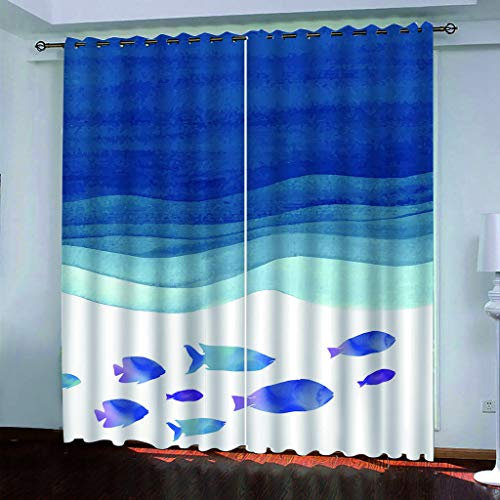 MAYNUO Blickdichte Vorhänge Mit Motiv 3D Blauer Ozean Kleine Fische Kinder Gardinen Ösen Gardine Thermo 280x160 cm Schlafzimmer Kinderzimmer Vorhange Dekoratives Muster, Verdunklungsvorhänge