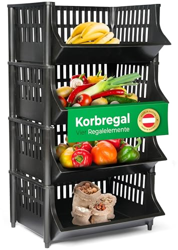 Novaliv 4 Stück Korbregal Schwarz Steckregal Stapelbar & Erweiterbar, Regale für Vorratsraum, Lebensmittelregal, Obstregal Keller Aufbewahrungssystem, Apfelregal, Stapelkorb, Stapelregal Kunststoff