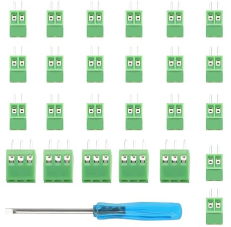 NIYATA 25 Stück Leiterplatten-Schraubklemmenblockverbinder, 2,54 mm Abstand, grün, 2-polig/3-polig, Leiterplattenmontage, Schraubklemmen mit Mini-Schraubendreher, für Arduino-DIY-Elektronikprojekte