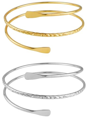 FIBOUND Lot de 2 Bracelets de Bras Réglables pour Femmes - Bijou Élégant Or & Argent, Design Serpent Minimaliste, Bangle Ouvert Style Moderne