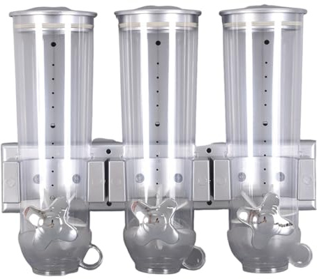 Dispensador de cereales triple – Dispensador de pared con montaje en pared, recipiente transparente hermético para alimentos, dispensador de alimentos secos, contenedor de almacenamiento con 3 tazas y