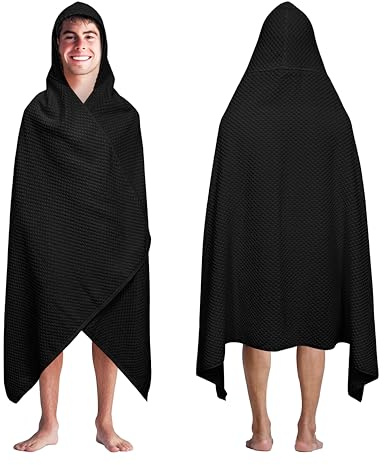 COTTON CRAFT Hooded Bath Towel – Oversized 35 x 70 Waffle Weave Towel with Hood for Adults - 100% Ringspun Cotton Pool Bath Sheet Wrap with Hood - Soft Super Absorbent Quick Dry – 450 GSM – Black