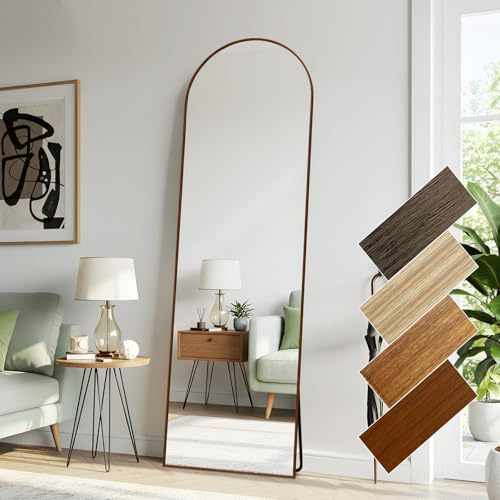 Båge, helkroppsspegel, 44 x 147 cm, välvd golvspegel, aluminiumram, klassisk rödbrun trälook, väggmonterad lutande spegel som omklädningsspegel för vardagsrum, hall, sovrum