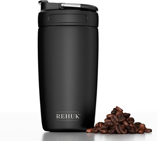 REHUK Travel Mug | 100% Leakproof Stainless Steel Thermal Mug with Carry Handle for Hot & Cold Drinks | Vacuum Thermos Flask | BPA Free Lockable Lid | 450ml (Jet Black)