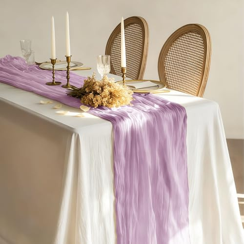 Chemin de table en étamine, 3 m x 305 cm, tissu à fromage transparent de style bohème pour décoration de table de mariage, anniversaire, fête prénatale, fête prénatale, violet
