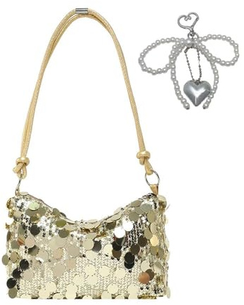 XFSRG Pochette Donna Borsa Elegante a Fiocco con Strass Borsetta da Sera Clutch Cerimonia Borse Piccola a Mano Tracolla e Portachiavi con Perline per Matrimonio Festa(Oro)