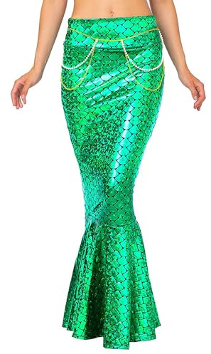 Women Halloween Mermaid Tail Long Skirt Shiny Metallic Fish Scale Skirts Mermaid Cosplay Party Costume with Chain (A-Green, S)