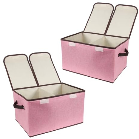 Tcbelosion Foldable Fabric Storage Box with Double-Lid & Dividers, Large Organizer for Home, Closet, Office (Pink, 2 Packs)