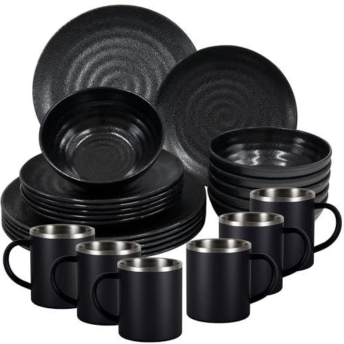 Melamin Geschirr Set Schwarz Edelstahl Thermo Tassen Picknick ideal Camping