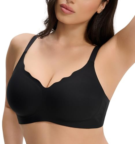 PQK Non Wired Support Bras for Women Wireless Soft Bralettes Scalloped Push Up Bra No Underwire Supportive Tshirt Bra Seamless Comfortable Everyday Bras Black