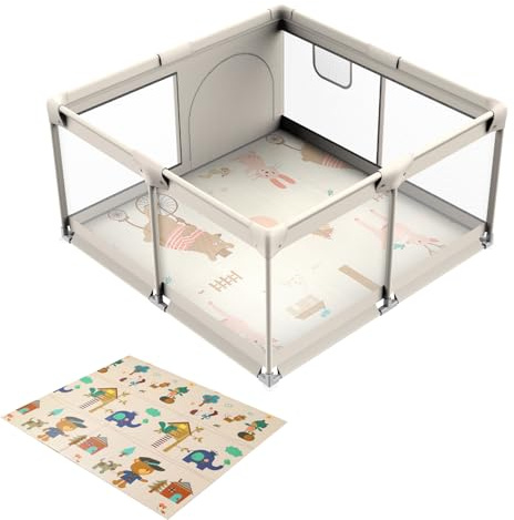 GERCHAM Laufstall Baby mit Matratze,120x120cm Laufgitter, Laufstall Baby Faltbar mit Matte Schaum,Atmungsaktivem Netz und Reißverschlusstür, Playpen,Beige