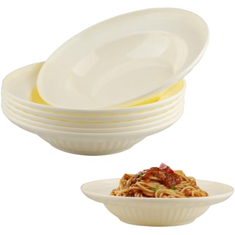imposyu Lot de 6 Assiette Plastique Reutilisable 20,5x4,5cm Assiettes Service de Table Assiettes à Pâtes Beige pour Nouilles, Salades, Steaks