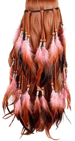 Generisch Damen Hippie Boho Haarband Haarschmuck Indianer Stirnband Vintage Kopfschmuck Pfau Feder Quaste Haarreif Indianer Haarkrone Federn Tribal Headware Karneval Zubehör Party Outfit