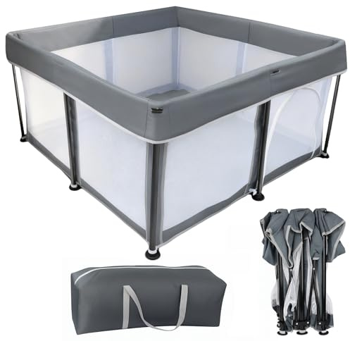 Baby Playpen Foldable with Mat 125x125cm Portable, Safe, and Spacious Collapsible Play Pen for Baby and Toddlers, Safe & Durable for Indoor and Outdoor Use(Dark Grey)