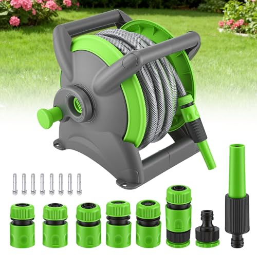 Eirolace Avvolgitubo da giardino, 20 m, con tubo, ugello e raccordi, tubo retrattile 2 in 1 autoportante o montato a parete, avvolgitubo dell'acqua per irrigazione (diametro 15 mm)